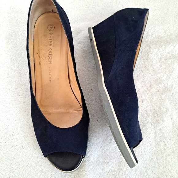 Peter Kaiser Shoes - Peter Kaiser Wedge Peep Toe Shoes Navy Blue Suede  Size 9